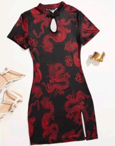 Adult Female Costumes to Hire - Chinese - Red Dragon Print Dress - XSmall